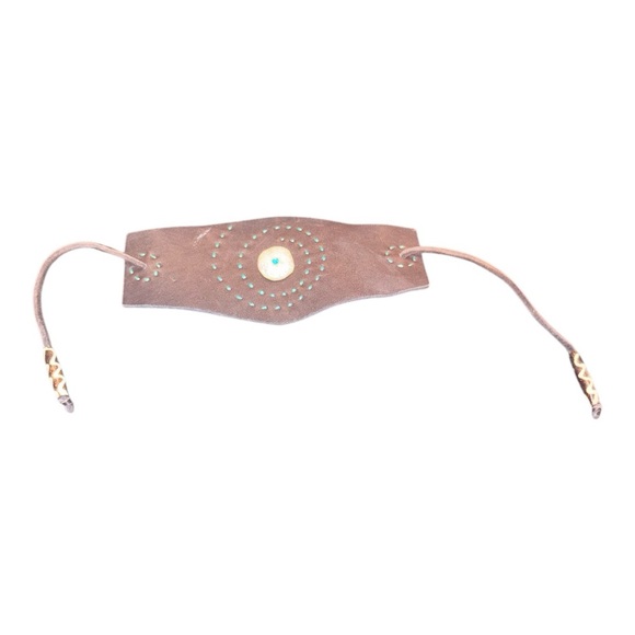Native American Handmade Leather Stone & Stitching Tie On Western Bracelet LS